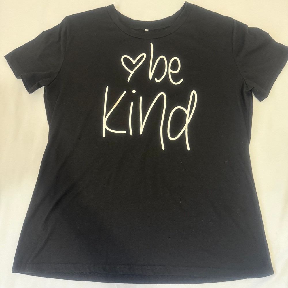 Womens Black Graphic Tee Be Kind Heart Short Sleeve Casual‎ Top Size L